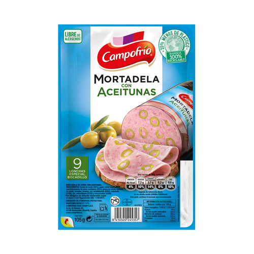 Mortadela con aceitunas cortada lonchas especiales para bocadillo CAMPOFRÍO 105 g.