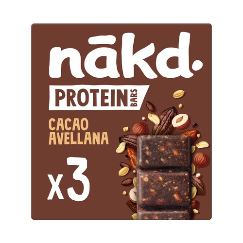 NAKD Barritas de cacao con avellanas, con alto contenido en proteinas 3 uds 135 g. 