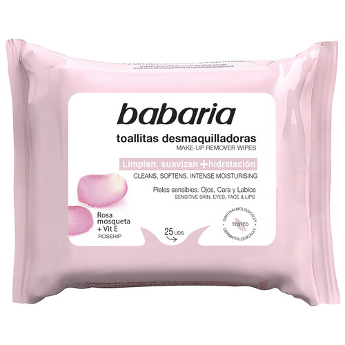 BABARIA Toallitas desmaquillantes con Rosa mosqueta y vitamina E, para pieles sensibles BABARIA 25 uds.