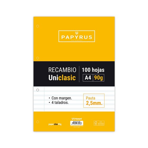 Recambio de 100 hojas tamaño A4, 4 taladros, 90gr, rayado pauta 2,5mm con margen, UNIPAPEL.