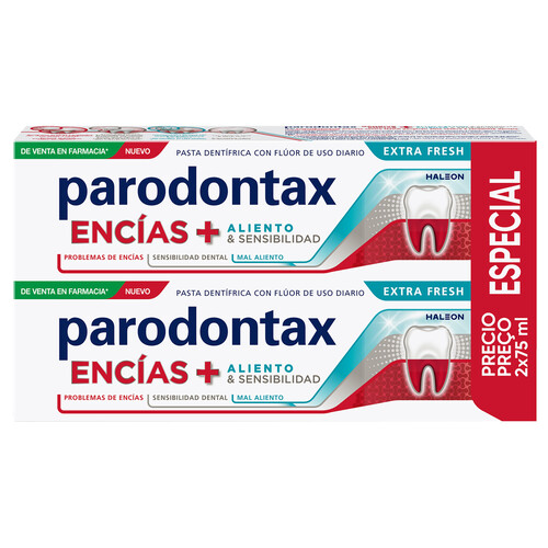 PARONDONTAX Encías + aliento y sensibilidad Pasta de diente con flúor, sabor extra fresco 2 x 75 ml.