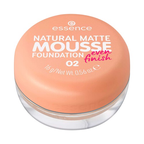 ESSENCE Natural matte mousse tono 02 Base de maquillaje mousse, cobertura media, aspecto mate natural.