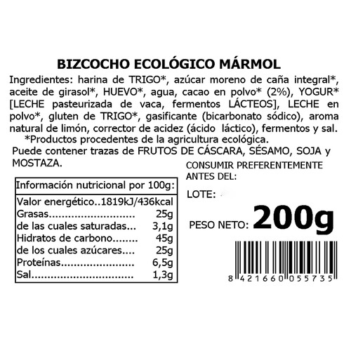 LA GRANJA Bizcocho ecológico marmol con chocolate 200 g.