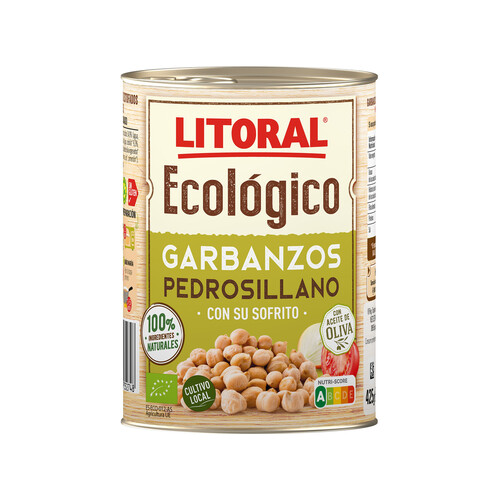 LITORAL Garbanzos con sofrito, variedad Pedrosillano, ecológicos LITORAL ECOLÓGICO 425 g.