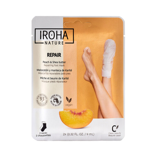 IROHA NATURE Mascarilla reparadora para pies, con melocotón y manteca de Karité IROHA NATURE 2 uds.