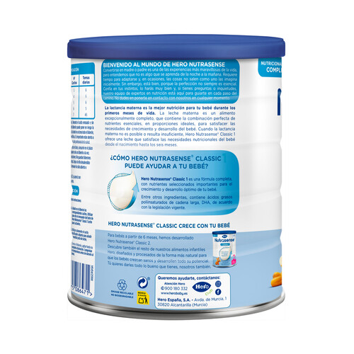 HERO Nutrasense classic 1 Preparado lácteo infantil (leche inicio), desde el primer día 800 g.