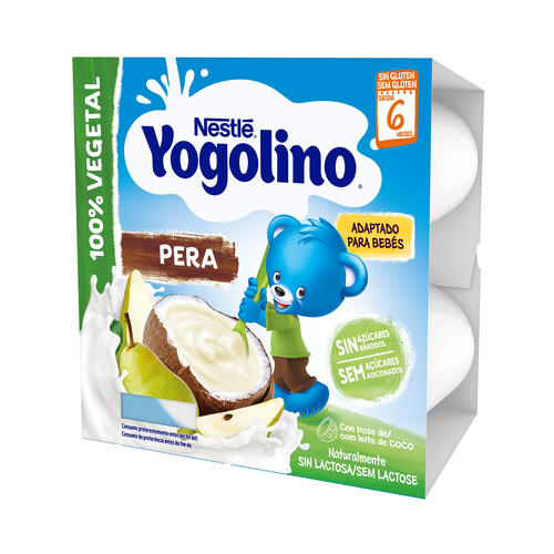 YOGOLINO de Nestlé Postre 100% vegetal con coco y pera, adapatado para bebés a partir de 6 meses 4 x 90 g.