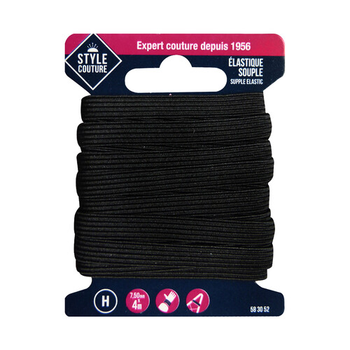 Cinta elástica flexible color negro para costura, 7,5mm x 4 metros, STYLE.