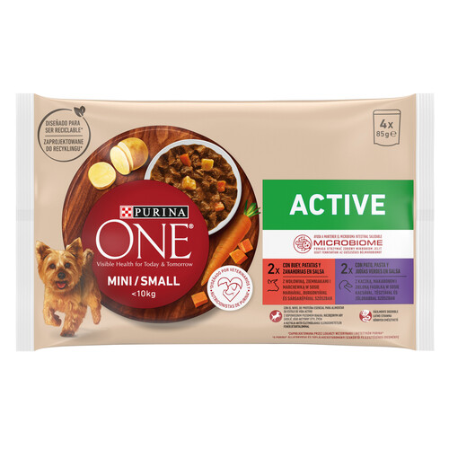 PURINA One mini  Alimentación para perros(menos de 10 kg)húmeda con sabor a buey en salsa 4x85 g.