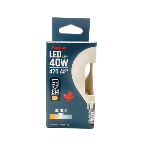 Bombilla Led esférica E14, 4,3W=40W, luz fría, 470lm, cristal mate, PRODUCTO ALCAMPO.