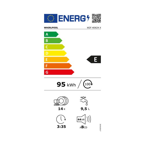 Lavavajillas WHIRLPOOL W2F HD624 X, capacidad: 14 servicios, clasificación energética: E, H: 85cm, A: 60cm, F: 60cm.