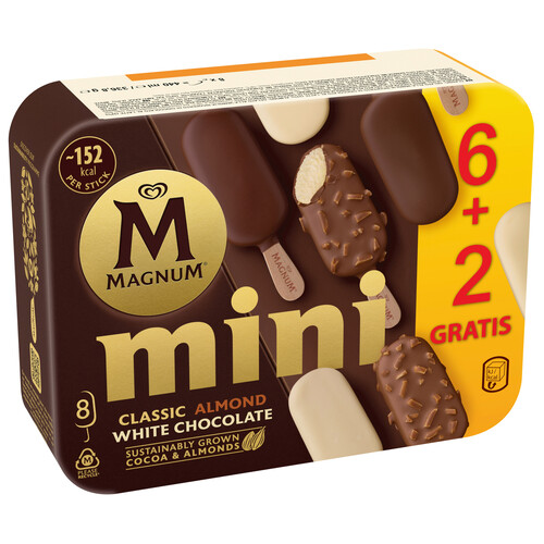 MAGNUM de frigo mini bombones almendradros, de chocolate, chocolate con leche y chocolate blanco 8 x 55 ml.