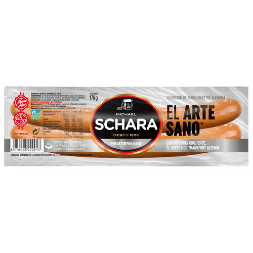 SCHARA Salchichas cocidas y ahumadas tipo Frankfurt, elaboradas artesanalmente en tripa natural SCHARA 170 g.