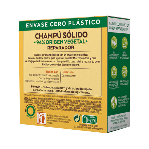 ORIGINAL REMEDIES Champú sólido reparador de origen vegetal, para cabellos dañados y/o quebradizos ORIGINAL REMEDIES Tesoros de miel de Garnier 60 g.