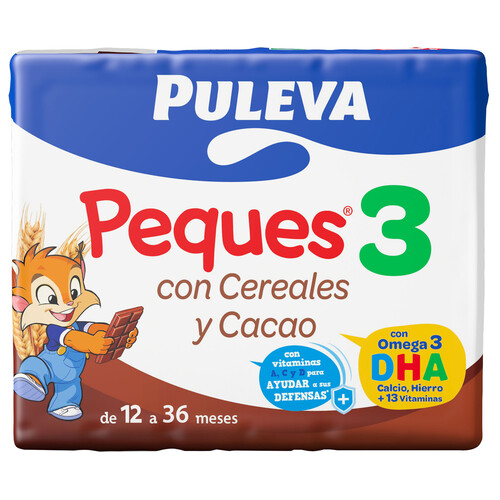 PULEVA Peques 3 Leche de crecimiento con cereales y cacao, de 12 a 36 meses 3 x 200 ml.