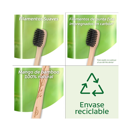 COLGATE Cepillo de dientes con mango de bambú y filamentos suaves de punta delgada impregnadas de carbón COLGATE.