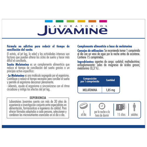 JUVAMINE Sueño Complemento alimenticio a base de Melatonina 15 comprimidos.