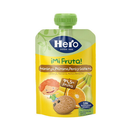 HERO ¡Mi fruta! Bolsita de fruta (naranja, plátano, pera) y galleta, sin azúcares añadidos, a partir de 12 meses 100 g.