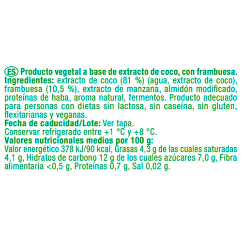 AUCHAN Yogur vegetal de coco con frambuesa sin azúcar añadido 150 g. Producto Alcampo.