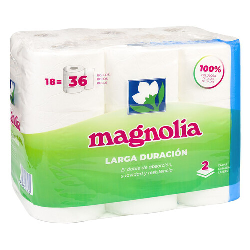 MAGNOLIA Papel higiénico (100% celulosa) 2 capas y larga duración 18 uds.