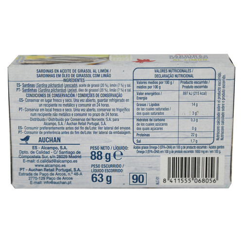 PRODUCTO ALCAMPO Sardinillas en aceite de girasol al limón lata 65 g.