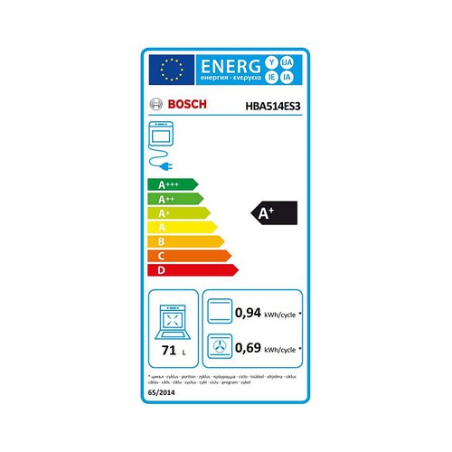 Horno multifunción BOSCH HBA 514ES3, Inox, capacidad: 71L, A+, A: 67,5cm, H: 66cm, F: 69cm. 