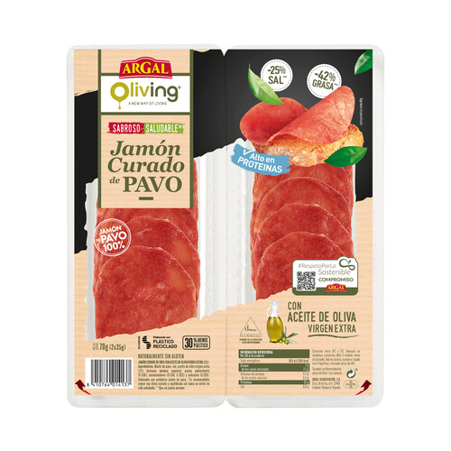 ARGAL Jamón curado de pavo cortado en lonchas ARGAL Oliving 2 x 35 g.