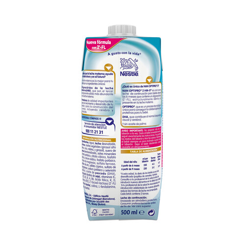 NAN Leche (2) infantil de continuación premium, sin aceite de palma y a partir de 6 meses NAN Optipro 500 ml.