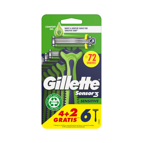 GILLETTE Sensor 3 sensitive Maquinilla de afeitar desehable con cabezal pivotante y flexible de 3 hojas 6 uds.