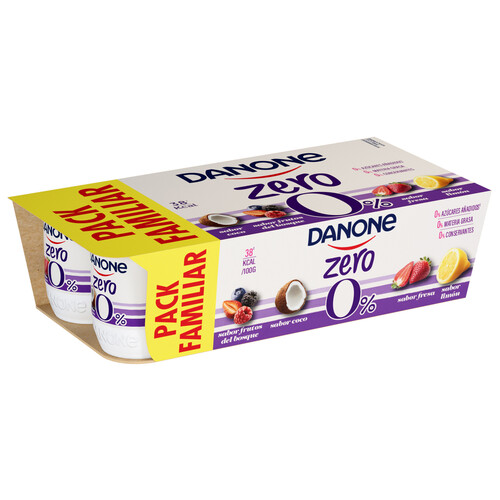 DANONE Zero 0% Yogur desnatado de sabores surtidos frutos del bosque (2), coco (2), fresa (2) y limón (2) 8 x 120 g.