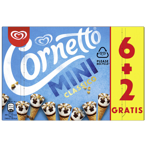 CORNETTO Mini cono de helado de nata, con trocitos de avellana y topping de salsa de chocolate 6+2 x 60 ml.