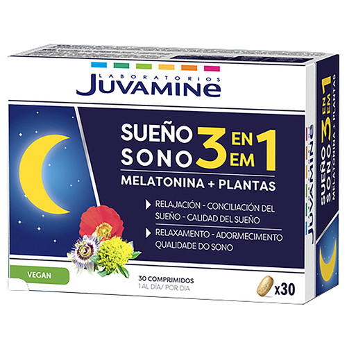 JUVAMINE Complemento alimenticio a base de Melatonina y plantas, para mejorar el sueño 30 comprimidos.