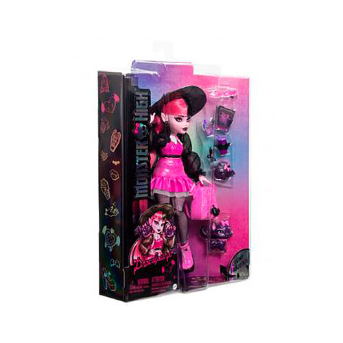 MONSTER HIGH Draculaura Muñeca articulada con mascota y accesorios de moda, 25cm juguete +4 años