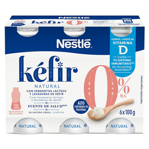 NESTLÉ Kefir líquido natural desnatado (0% materia grasa), elaborado con fermentos lácteos y levaduras de 6 x 100 g.