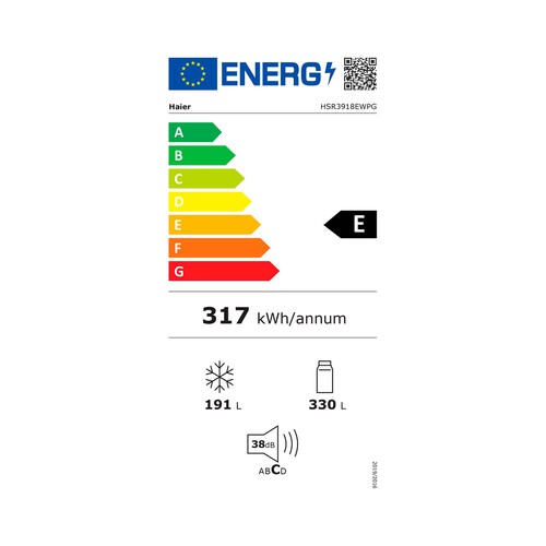 Frigorífico americano 177,5cm HAIER HSR3918EWPG, NO FROST, dispensador de agua, clasificación energética: E, H: 177,5cm, A: 90,8cm, F: 64,7cm, capacidad total: 521L.