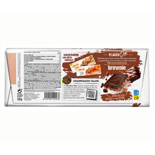 VALOR Duo Chocolate negro (47%) y chocolate con leche con trocitos de brownie tableta 170 g.