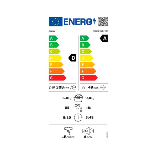 Lavadora secadora HAIER HWD90-B14939-IB, capacidad lavado/secado: 9KG/6KG, clasificación energética: D, 1400RPM, H: 85cm,A: 60cm,F: 53cm.