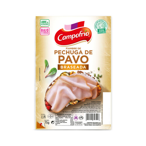 CAMPOFRÍO Pechuga de pavo con sabor ahumado, cortada en lonchas 75 g.