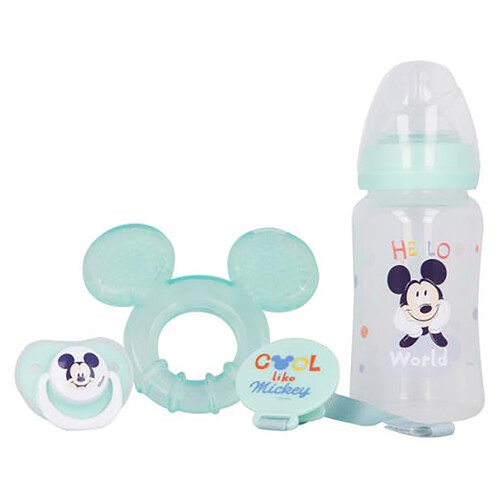 Set de 4 piezas (biberón de 240 ml, chupete anatómico, mordedor y sujetachupetes), MICKEY MOUSE.