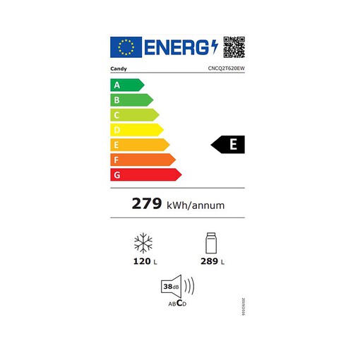 Frigorífico combi 205cm CANDY CNCQ2T620EW color blanco, NO FROST, clasificación energética: E, H: 205cm, A: 59,5cm, F: 66,7cm, capacidad total: 409L.