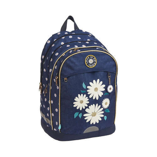 Mochila juvenil de 43cm, varios compartimentos, flores, ALCAMPO.