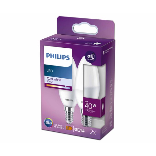 Pack de 2 bombillas Led E14, 5W=40W, luz neutra 4000K, 470lm, PHILIPS.