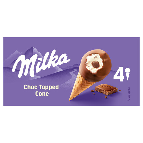 MILKA Cono de helado de vainilla con corazón de avellana, recubierto de chcolate con leche 4 x 100 ml.