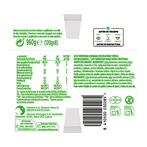 ACTIVIA  de Danone Bífidus desnatado (0% materia grasa) con trozos de melocotón 8 x 120 g.