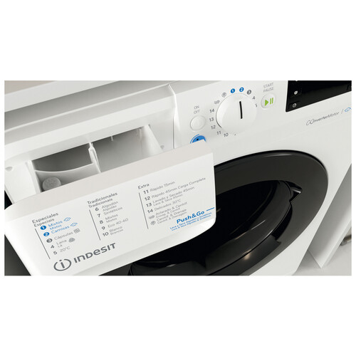 Lavadora secadora INDESIT BDE 96435WKVSPT, capacidad lavado/secado: 9KG/6KG, clasificación energética: D/B, 1400RPM, H: 85cm,A: 59,5cm,F: 54cm.