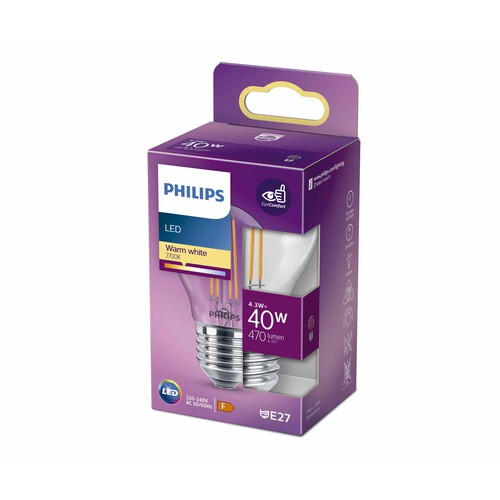 Bombilla Led E27, 4,3W=40W, luz cálida 2700K, 470lm, PHILIPS.