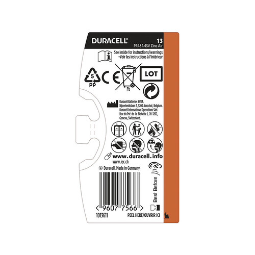 Pack de 6 pilas especiales para audífonos, tamaño 13, 1,45V, Zinc-Air., DURACELL.