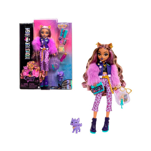 MONSTER HIGH Clawdeen Wolf Muñeca articulada con mascota y accesorios de moda, 25cm juguete +4 años