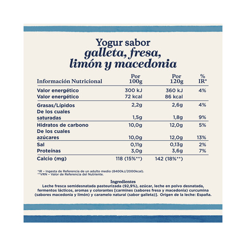 DANONE Yogures de sabores variados (fresa (2), macedonia (2), limón (2) y galleta (2)) 8 x120 g.