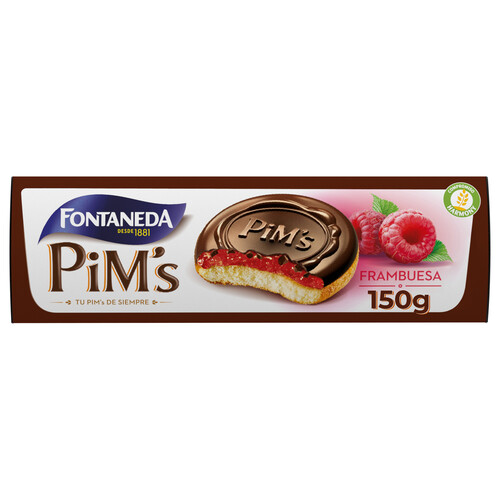 PIM´S de Fontaneda Galletas de bizcocho recubiertas de frambuesa con una fina capa de chocolate 150 g.